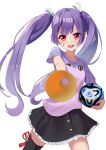  1girl :d ball black_thighhighs facepaint highres indie_virtual_youtuber japanese_flag open_mouth purple_hair seo_ritsu simple_background single_thighhigh skirt smile soccer_ball solo taachika teeth thigh-highs twintails violet_eyes virtual_youtuber white_background 