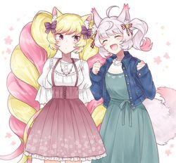  2girls ^_^ ahoge animal_ear_fluff animal_ears bell blonde_hair blue_jacket bow cat_ears cat_girl cat_tail closed_eyes cowboy_shot denim denim_jacket dress fox_ears fox_girl fox_tail frilled_shirt frills green_dress hair_bell hair_bow hair_ornament hands_up howan_(show_by_rock!!) jacket jewelry long_hair looking_at_another mashima_himeko_(show_by_rock!!) mikan_tabetai multicolored_hair multiple_girls necklace open_clothes open_jacket open_mouth pink_eyes pink_hair pink_skirt shirt short_hair show_by_rock!! side_ponytail simple_background skirt smile standing suspender_skirt suspenders tail twintails two-tone_hair white_background white_shirt 