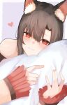  1girl absurdres animal_ears blush brown_hair closed_mouth grey_background heart highres imaizumi_kagerou long_sleeves looking_at_viewer pillow pollux368 red_eyes simple_background solo touhou wolf_ears wolf_girl 