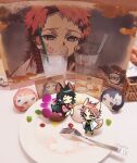  1boy 1girl animal_ears black_hair black_shorts blue_eyes closed_eyes closed_mouth coat cup food fork fox_ears fox_tail indoors japanese_clothes kimetsu_no_yaiba kimono long_sleeves makomo_(kimetsu) pink_hair pink_kimono plate sabito_(kimetsu) sapphire_(nine) short_hair shorts smile stuffed_toy tail white_coat wide_sleeves 