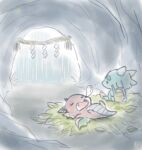  cave chibi commentary_request dragon eastern_dragon full_body hotathino no_humans nose_bubble original rain shoes sleeping western_dragon 
