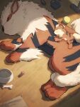  arc_draws arcanine ball bone bowl closed_eyes closed_mouth from_above growlithe highres lying on_side orange_fur pet_bowl poke_ball pokemon pokemon_(creature) sleeping smile striped_fur tennis_ball 