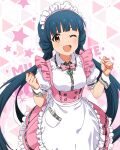  1girl :d apron blue_hair blunt_bangs blush bow bowtie breasts butterfly_ornament cowboy_shot dot_nose dress frilled_apron frilled_skirt frills hands_up idolmaster idolmaster_million_live! idolmaster_million_live!_theater_days kitakami_reika long_hair looking_at_viewer maid_headdress medium_breasts official_alternate_costume official_art one_eye_closed open_mouth pink_bow pink_bowtie pink_dress pretty_waitress_(idolmaster) puffy_short_sleeves puffy_sleeves shirt short_sleeves skirt smile solo standing starry_background thigh-highs twintails upper_body very_long_hair waist_apron waitress white_apron white_shirt white_thighhighs wrist_cuffs yellow_eyes 