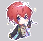  1boy :3 blush chibi chinese_clothes cropped_torso earrings ensemble_stars! gloves highres jacket jacket_on_shoulders jewelry looking_at_viewer male_focus redhead short_hair smile solo sparkle su_dong_huo_ji suou_tsukasa v violet_eyes 