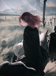  1girl absurdres arm_support armor brown_cloak brown_hair cape castle cloak commentary_request elden_ring erdtree_(elden_ring) field_of_blades full_armor grass highres hood hood_down hooded_cloak horse horseback_riding knight medium_hair melina_(elden_ring) multiple_weapons one-eyed outdoors planted planted_sword reins riding saddle sitting solo_focus sword tacshojosora torrent_(elden_ring) tree weapon 