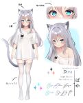  1girl :t absurdres animal_ear_fluff animal_ears animal_print blue_eyes cat_ears cat_girl cat_print cat_tail divaartx english_text full_body grey_hair highres long_hair looking_at_viewer no_pants off_shoulder original pout shirt standing tail thigh-highs white_shirt white_thighhighs 