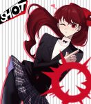  1girl 710_ao :o black_jacket black_pantyhose hair_ribbon highres jacket long_hair long_sleeves looking_at_viewer one_eye_closed pantyhose persona persona_5 persona_5_the_royal plaid plaid_skirt pleated_skirt ponytail red_eyes redhead ribbon school_uniform shuujin_academy_school_uniform skirt solo yoshizawa_kasumi 