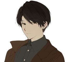  1boy black_eyes black_hair black_shirt brown_jacket chinese_commentary closed_mouth collared_shirt commentary_request jacket kadota_hiromi kamen_rider kamen_rider_revice male_focus mole mole_under_mouth open_clothes open_jacket portrait shirt simple_background solo v0veiling white_background 