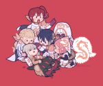  1boy 1other 4girls alfonse_(fire_emblem) ambiguous_gender animal_ears anna_(fire_emblem) black_dress black_eyes blonde_hair blue_eyes blue_hair blush_stickers braid brown_eyes brown_gloves cape chibi closed_eyes commentary_request crown_braid dress fire_emblem fire_emblem_heroes gloves gradient_hair green_eyes hair_ornament hat kiran_(fire_emblem) long_hair lying multicolored_hair multiple_girls mushi_rags on_back pink_hair ratatoskr_(fire_emblem) red_background red_eyes redhead shaded_face sharena_(fire_emblem) side_ponytail simple_background squirrel_girl squirrel_tail sweatdrop tail tearing_up veronica_(fire_emblem) veronica_(princess_rising)_(fire_emblem) white_cape white_headwear 