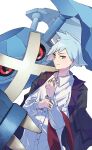  1boy anidf buttons closed_mouth collared_shirt commentary_request grey_eyes highres jacket jacket_on_shoulders jewelry long_sleeves male_focus metagross pokemon pokemon_(creature) pokemon_oras ring shirt short_hair smile steven_stone white_background white_shirt 
