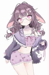  1girl absurdres animal_ears anyuu choker fallenshadow flat_chest frills glasses highres indie_virtual_youtuber long_hair looking_at_viewer pink_eyes rabbit_ears ribbon solo 