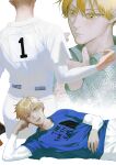  1boy :d absurdres ayasegawa_jirou baseball_uniform blonde_hair blue_shirt brand_name_imitation diamond_no_kouzai head_rest highres kedamamogumogu lying male_focus multiple_views on_side shirt short_hair smile sportswear white_shirt yellow_eyes 