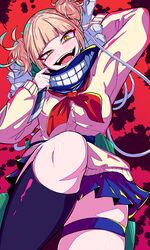  1girl blonde_hair boku_no_hero_academia canister cardigan double_bun hair_bun highres holding holding_knife hose karan_koron100 knees knife neckerchief open_mouth pleated_skirt red_neckerchief school_uniform skirt smile solo thigh_strap thighs toga_himiko yellow_cardigan yellow_eyes 