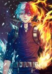  1boy aqua_eyes belt blue_jacket boku_no_hero_academia brown_eyes cowboy_shot expressionless fire grey_belt heterochromia ice jacket looking_at_viewer male_focus multicolored_hair parted_lips redhead shed1228 solo split-color_hair standing teeth todoroki_shouto two-tone_hair white_hair 