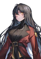  1girl absurdres asa_achen belt black_belt black_hair closed_mouth coat commentary_request dandelion_(girls'_frontline) girls_frontline griffin_&amp;_kryuger_military_uniform hair_between_eyes hair_ornament highres long_hair red_coat simple_background solo upper_body white_background yellow_eyes 