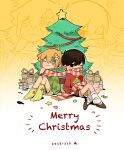  2boys aged_down antenna_hair arm_support asymmetrical_legwear basil_(faraway)_(omori) basil_(omori) black_eyes bright_pupils brown_footwear brown_shorts child christmas_present christmas_tree closed_mouth colored_eyelashes commentary_request dated full_body ggneverover gift gradient_background green_socks green_sweater hair_behind_ear hair_between_eyes hair_ornament hand_up highres knees_up leg_warmers long_sleeves looking_at_viewer merry_christmas multiple_boys no_pupils no_shoes official_alternate_costume omori one_eye_closed outline patterned_clothing red_scarf red_sweater scarf shorts sidelocks sitting socks something_(omori) star_(symbol) striped_clothes striped_scarf sunny_(omori) sweater tree turtleneck turtleneck_sweater uneven_legwear vertical-striped_clothes vertical-striped_scarf white_background white_leg_warmers white_outline white_pupils yellow_background zoom_layer 