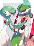  ? arm_blade bob_cut chikichi dress flower_collar gardevoir green_hair grey_background highres iron_valiant open_mouth pokemon pokemon_(creature) red_eyes robot simple_background smile waist_cape weapon white_dress 