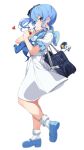  1girl ama_rei bag belt blue_footwear blue_hair blue_neckerchief blue_sailor_collar box drinking_straw from_side full_body green_eyes hair_between_eyes highres holding holding_box hololive hoshimachi_suisei juice_box looking_at_viewer neckerchief parted_lips sailor_collar school_bag school_uniform shirt shoes simple_background skirt socks solo standing virtual_youtuber white_background white_belt white_shirt white_skirt white_socks 