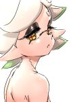  1girl cross-shaped_pupils eyelashes gradient_hair green_hair grey_hair highres inkling koharu2.5 marie_(splatoon) mole mole_under_eye multicolored_hair nude parted_lips pointy_ears red_pupils short_eyebrows short_hair simple_background solo splatoon_(series) symbol-shaped_pupils tentacle_hair two-tone_hair white_background yellow_eyes 