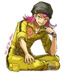  1boy beanie black_hat braid bright_pupils danganronpa_(series) danganronpa_2:_goodbye_despair dated earrings fingernails fon-due_(fonfon) hat highres holding holding_wrench jewelry jumpsuit looking_at_viewer male_focus pink_eyes pink_hair sharp_teeth signature simple_background sitting sleeves_rolled_up soda_kazuichi solo teeth white_background white_pupils wrench yellow_footwear yellow_jumpsuit 