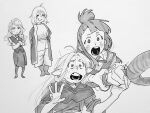  4girls braid crossover diana_cavendish dungeon_meshi falin_touden holding holding_staff little_witch_academia marcille_donato multiple_girls open_mouth samipeko single_braid smile staff surprised worried 