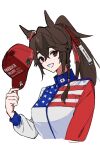  1girl american_flag american_flag_jacket braid brown_hair closed_jacket clothes_writing collared_jacket forever_young_(racehorse) hair_between_eyes hat high_ponytail highres holding holding_clothes holding_hat jacket japanese_flag jumpsuit long_hair long_sleeves looking_at_viewer multicolored_hair original ponytail red_hat simple_background single_braid solo two-tone_hair umamusume unworn_hat unworn_headwear user_axvv5872 white_background 