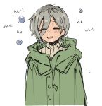  1girl closed_eyes coat dark-skinned_female dark_skin drooling drunk giggling girls_band_cry green_coat grey_hair hair_between_eyes hiccup hood hooded_coat machuuu68 open_mouth rupa_(girls_band_cry) saliva short_hair simple_background sweater white_background 