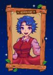  1girl blue_hair breasts commentary dress emily_(stardew_valley) english_commentary highres leaf medium_breasts mimpish open_mouth pink_skirt pixel_art red_dress short_hair skirt skirt_hold smile solo star_(sky) stardew_valley upper_body violet_eyes 