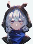  1girl aegyo_sal animal_ear_hood arknights bandana black_hood blue_bandana blue_eyes center-flap_bangs chinese_commentary commentary cropped_head expressionless glaucus_(arknights) grey_background highres hood hood_up jiao_shenme_ming_hao_ne looking_at_viewer low-tied_sidelocks multicolored_hair simple_background solo straight-on streaked_hair white_hair 