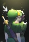  1boy 1girl artist_name black_headband blonde_hair closed_eyes fairy green_hair green_hat green_sweater green_tunic hands_on_another&#039;s_shoulders hat headband highres kokiri link navi pointy_ears pointy_hat saria_(zelda) short_hair smile sweater the_legend_of_zelda the_legend_of_zelda:_ocarina_of_time turtleneck turtleneck_sweater upper_body weapon weapon_on_back zeldm 