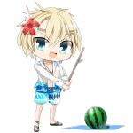  1boy :d black_footwear blonde_hair blue_eyes blue_shorts character_request chibi commentary_request flower full_body hair_between_eyes hair_flower hair_ornament hawaiian_shirt hibiscus holding holding_stick hop_step_jumpers lets0020 looking_at_viewer male_focus medium_bangs open_mouth red_flower sandals shirt short_hair shorts simple_background smile solo standing stick suikawari teeth transparent_background upper_teeth_only v-shaped_eyebrows watermark white_shirt 