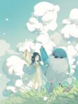  1girl animal bird black_hair blue_eyes blue_sky chinese_clothes clouds commentary_request day dress flower grass hair_flower hair_ornament hanfu highres long_hair long_sleeves original outdoors pointy_ears qixiong_ruqun ruqun sash sidelocks_tied_back sky smile solo standing wei_ying_xiaohongshu wide_sleeves 
