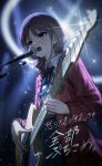  1girl :o absurdres belt blue_eyes blue_ribbon blue_skirt blush breasts brown_hair check_instrument chromatic_aberration coat collared_shirt commentary_request cowboy_shot dark_background electric_guitar fender_telecaster fuka_(pixiv_84081952) girls_band_cry guitar highres holding holding_guitar holding_instrument instrument iseri_nina light_particles long_sleeves looking_ahead low_twintails medium_hair microphone music neck_ribbon nose_blush open_clothes open_coat open_mouth playing_guitar playing_instrument pleated_skirt red_coat ribbon shirt short_twintails singing skirt small_breasts solo sparkle sweat teeth thick_eyelashes three_quarter_view translation_request twintails upper_teeth_only v-shaped_eyebrows white_shirt 