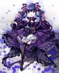  1girl absurdres black_thighhighs blue_flower blue_hair blue_rose blush breasts detached_sleeves dress flower full_body gherehg hair_flower hair_ornament highres idolmaster idolmaster_cinderella_girls long_hair looking_at_viewer open_mouth purple_dress red_eyes rose sajo_yukimi small_breasts smile solo thigh-highs twintails zettai_ryouiki 