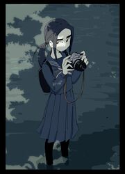  backpack black_hair camera emotionless eyebrows female forest grass hitsujigoods holding long_hair looking_away low_ponytail outdoors pleated_skirt ponytail sailor_dress school_uniform shadow skirt standing tree_shade 