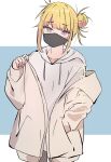  1girl blonde_hair blue_background boku_no_hero_academia border coat hair_bun hand_in_pocket highres hood hoodie looking_at_viewer mask messy_hair mouth_mask outside_border sidelocks solo standing toga_himiko white_border white_coat white_hoodie yukikujira2023 