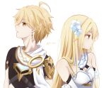 1boy 1girl aether_(genshin_impact) ahoge alternate_hair_length alternate_hairstyle armor artist_name bare_shoulders blonde_hair breasts brother_and_sister brown_shirt closed_mouth detached_sleeves dress earrings flower genshin_impact gold_earrings gold_trim hair_between_eyes hair_flower hair_length_switch hair_ornament highres je_mizu jewelry long_hair long_sleeves looking_at_viewer looking_to_the_side lumine_(genshin_impact) medium_breasts open_mouth scarf shirt short_hair short_sleeves shoulder_armor siblings simple_background single_earring sleeveless sleeveless_dress standing upper_body white_background white_dress white_flower white_scarf yellow_eyes 