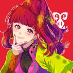  1girl 24mbb blunt_bangs earrings gloves gnosia heart heart_earrings heart_tattoo high_ponytail jewelry long_hair long_sleeves looking_at_viewer nail_polish red_eyes redhead smile solo sq_(gnosia) tattoo turtleneck upper_body 