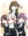  4girls :| black_track_suit bob_cut border brown_eyes brown_hair closed_mouth colored_inner_hair commentary_request diagonal_bangs fujishima_megumi gradient_background green_eyes green_hair grey_hair hair_ornament hairclip hands_on_another&#039;s_shoulders headband highres inverted_bob kanduki_kamibukuro kibasen link!_like!_love_live! long_hair long_sleeves love_live! low_ponytail multicolored_hair multiple_girls oogami_sachi otomune_kozue outside_border purple_hair red_eyes red_headband redhead short_hair sidelocks small_sweatdrop smile sparkle star_(symbol) star_hair_ornament straight_hair streaked_hair swept_bangs track_suit translation_request v-shaped_eyebrows violet_eyes white_border yellow_background yugiri_tsuzuri 