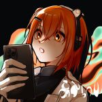  1girl a.i._voice abstract_background adachi_rei black_background black_shirt blue_background cellphone drop_shadow gloves hand_up headlamp headphones hoei holding holding_phone jacket looking_at_phone medium_hair multicolored_background one_side_up open_clothes open_jacket open_mouth orange_background orange_eyes orange_hair phone shirt smartphone solo song_name utau utau_bot_(utau) white_gloves white_jacket 
