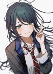  1girl black_hair blue_eyes blurry blush breasts closed_mouth collarbone collared_shirt depth_of_field diagonal-striped_clothes diagonal-striped_necktie fingernails floating_hair grey_jacket hair_over_one_eye hand_up hashtag-only_commentary hoshino_ichika_(project_sekai) iwawa jacket light_smile long_hair long_sleeves looking_at_viewer loose_necktie medium_breasts nail_polish necktie open_clothes open_collar open_jacket pink_nails project_sekai red_necktie shirt sidelocks simple_background solo striped_clothes swept_bangs thick_eyelashes upper_body v white_background white_shirt 