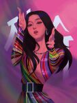  1girl absurdres aiming aiming_at_viewer animification belt black_hair blackpink chalseu cowboy_shot dress earrings english_commentary eyeshadow highres jewelry jisoo_(blackpink) k-pop long_hair long_sleeves makeup multicolored_clothes multicolored_dress necklace parted_lips real_life solo 