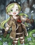  1girl blonde_hair boots bright_pupils brown_gloves brown_helmet brown_jacket commentary_request falling_petals feet_out_of_frame glasses gloves grass green_eyes helmet highres index_finger_raised jacket kingjoshua looking_at_viewer low_twintails made_in_abyss open_clothes open_jacket open_mouth petals pith_helmet red_whistle riko_(made_in_abyss) semi-rimless_eyewear short_sleeves smile solo standing thigh_strap twintails twitter_username under-rim_eyewear whistle whistle_around_neck 