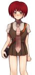  1girl arms_at_sides bag blush breasts closed_mouth collared_shirt danganronpa_(series) danganronpa_2:_goodbye_despair freckles green_skirt grey_eyes grey_shirt highres holding holding_bag koizumi_mahiru kun_(oxx_kn_xxo) large_breasts looking_at_viewer miniskirt necktie plaid_necktie pleated_skirt redhead shirt short_hair short_sleeves shoulder_bag simple_background skirt solo white_background 