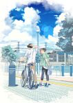  1boy 1girl bag bicycle black_hair building closed_eyes clouds day edoya_inuhachi full_body holding holding_bag hood hoodie original outdoors shirt sky walking 