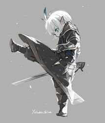  1boy blue_eyes character_request final_fantasy final_fantasy_xiv full_body grey_background highres holding holding_sword holding_weapon legs_apart looking_to_the_side pointy_ears solo sword unsheathed weapon white_hair yabuka_shiwa 