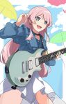  1girl absurdres bang_dream! bang_dream!_it&#039;s_mygo!!!!! black_choker blue_jacket border chihaya_anon chinese_commentary choker commentary_request earrings fang frilled_jacket frills grey_eyes guitar highres holding holding_guitar holding_instrument holding_plectrum instrument jacket jewelry lavirince long_hair long_sleeves looking_at_viewer necklace open_mouth outside_border pink_hair playing_guitar pleated_skirt plectrum skirt solo teeth umbrella upper_teeth_only white_border white_skirt 