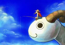  1boy bare_shoulders bird black_hair blue_shorts blue_sky boned_meat clouds cloudy_sky day english_commentary fishing_rod food food_in_mouth full_body fur-trimmed_shorts fur_trim going_merry hat highres holding holding_fishing_rod indian_style male_focus meat monkey_d._luffy mxhxkxcx one_piece outdoors pirate_ship red_vest sandals shorts sitting sky solo straw_hat vest 