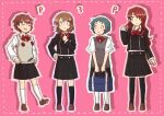  4girls alternate_costume aqua_hair bag black_jacket black_skirt black_socks black_thighhighs blush bow bowtie brown_footwear brown_hair closed_eyes closed_mouth collared_shirt commentary_request digital_media_player full_body gekkoukan_high_school_uniform hair_over_one_eye hand_on_own_hip hands_on_own_hips headphones headphones_around_neck holding holding_bag jacket kirijou_mitsuru kneehighs long_hair long_sleeves looking_at_another multiple_girls oiyan_goma open_mouth persona persona_3 persona_3_portable pleated_skirt red_bow red_bowtie redhead school_uniform shiomi_kotone shirt shoes short_hair skirt smile socks standing sweater_vest takeba_yukari thigh-highs white_shirt white_socks yamagishi_fuuka 