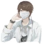  1boy animal_print black_eyes bracelet brown_hair cat_print commentary_request hand_up jewelry jiz_(pffbq) kiyo_(youtuber) long_sleeves looking_at_viewer male_focus mask mouth_mask real_life shirt short_hair simple_background solo surgical_mask upper_body white_background white_shirt 